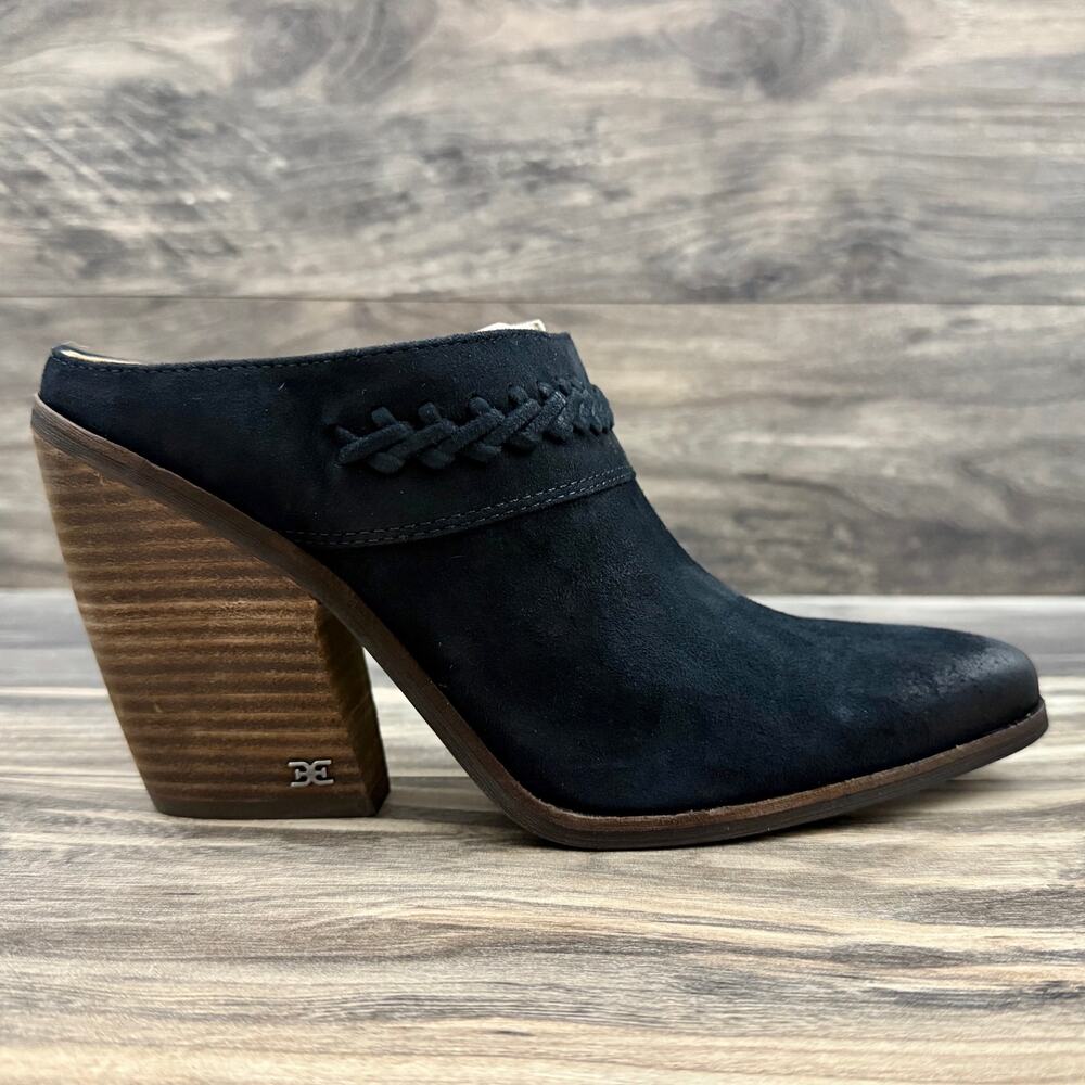 NIB SAM EDELMAN Alison 8M Suede Pointed Toe Stacked Block Heel Mule Black - Picture 6 of 11